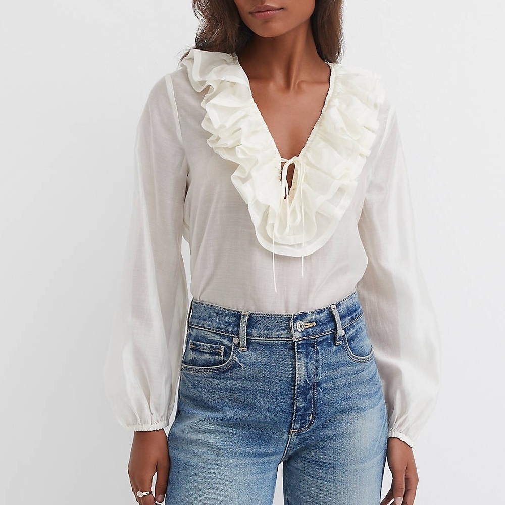 LOFT Ivory Pleated RUFFLE COLLAR Blouse COTTAGECORE WOMEN SIZE M
